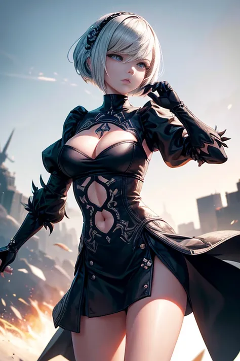 to the intricate details of her outfit, her flowing white hair and striking black eyes captivate the viewers. She holds a tablet in her hand, showcasing her technological prowess. The anime character resembles 2B from the game "NieR: Automata," exuding a u...