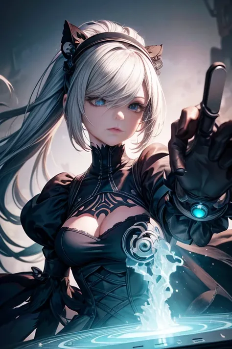 to the intricate details of her outfit, her flowing white hair and striking black eyes captivate the viewers. She holds a tablet in her hand, showcasing her technological prowess. The anime character resembles 2B from the game "NieR: Automata," exuding a u...