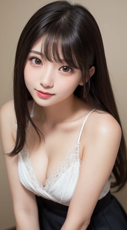 smile、Raw photo、(((ultimate beauty portrait)))、((glowing skin))、Japanese、２０age、white blouse、bright red lips、Black lace underwear、bright look、((brown hair))、(cleavage)、Long flared skirt、((Big eyes that shine like jewels))、(((open your clothes)))、pantyhose、G...