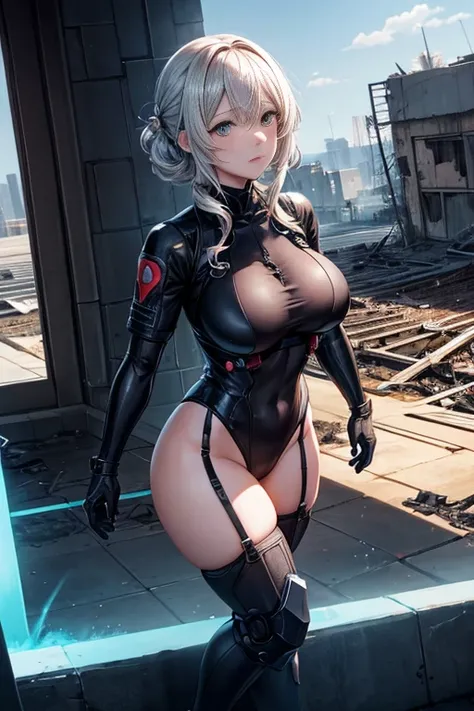 Anime scene of a woman looking at a destroyed building, Neil：Automata 2b stills, detailed. girls frontline, 2012年Animated screenshots, Japanese cartoons《Fantasma na Concha》curly, Animated screenshots, Shoujo Frontline CG, from the girl, metal gear solid Ja...