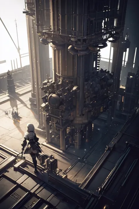 (highres,best quality),dark room floor close-up,concept art of NieR Automata,2B from NieR Automata in a spacecraft style,NieR Automata screenshot,mechanical floor,character design from NieR Automata,cinematic cutscene,action game.