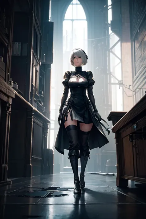 (highres,best quality),dark room floor close-up,concept art of NieR Automata,2B from NieR Automata in a spacecraft style,NieR Automata screenshot,mechanical floor,character design from NieR Automata,cinematic cutscene,action game.