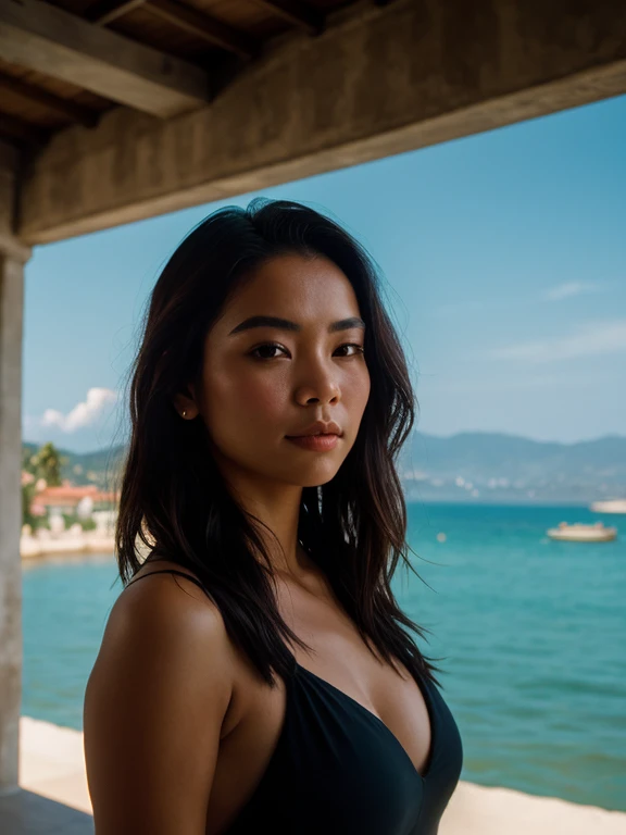 Beautiful Cambodian woman standing outside in the summertime in Monaco. She has long dark brunette hair, the sun rays are beaming on her. the ocean is in the background with houses in the background of Monaco. Sharp, by Lee Jeffries Nikon D850 film Stock P...