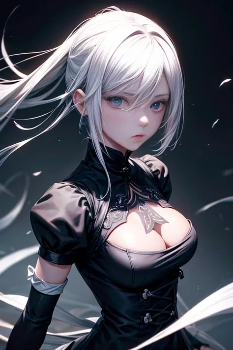 最终生成的高质量的 Stable Diffusion prompt 如下：

"white hair, girl, anime character, black outfit, standing, dark room, NieR: Automata, 2B, detailed eyes, detailed lips, ultra-detailed, photorealistic, portrait, moody lighting, dark colors"