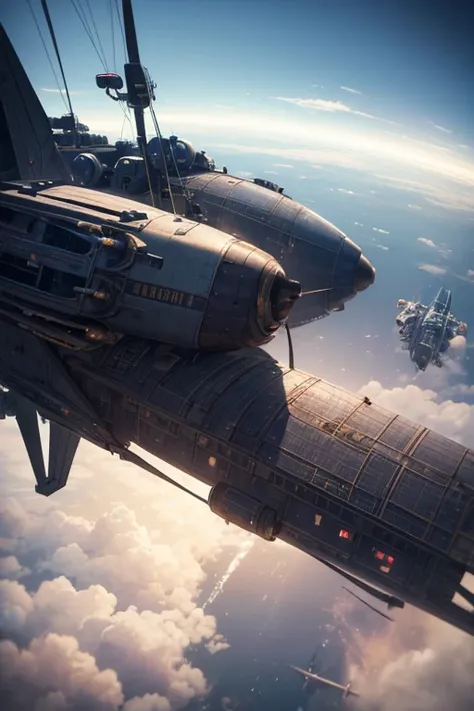 There is a photo of a person flying on an airplane, Steam engine matte paint, epic spaceship scene, Extremely Delicate matte, Wide angle shot of spaceship battle, steampunk airships fly overhead, epic science fiction movie, Depicted as a science fiction sc...