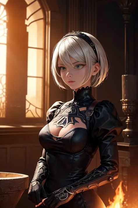 A girl wearing a black dress standing in front of a blazing fire in an anime scene, inspired by NieR: Automata 2Bs character artwork. The girl has beautiful detailed eyes, beautiful detailed lips, and an extremely detailed face. She has long eyelashes that...