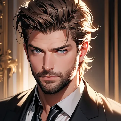 best quality,ultra-detailed,Kivanç Tatlitug with hazel eyes,suave and confident look,dark hair,well-groomed beard,sharp facial features,charming smile,tailored suit,posing in a luxurious setting,soft lighting,warm color tones,captivating gaze,expressive ey...