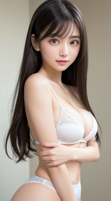 smile、(Sheer white skin)、Raw photo、(((ultimate beauty portrait)))、((glowing skin))、((Turning around))、((rich bust))、Japanese、30 years old、bright red lips、shining lips、white transparent lace underwear、bright look、((brown hair))、(cleavage)、flare skirt、((Big ...