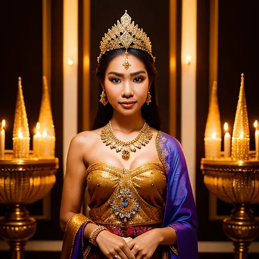 The mystical beauty of the Javanese Royal Princess, with a sparkling crown over her traditional bandeau, is in the palace meditation room, taken with a Fujifilm X-T4 camera and Fujinon