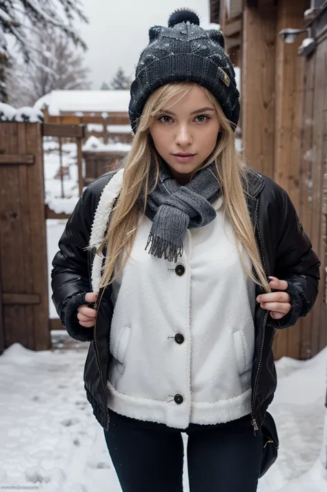 Sexy, blonde, dressed in winter jacket, wooly hat, scarf, gloves, in the snow, freezing conditions, ULTRA HD, anatomically correct, masterpiece