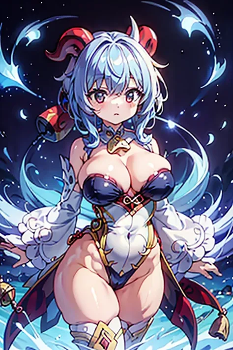 woman, Ganyu, Ganyu, Genshin, blue hair, horn, big breasts, Puffy niplle, No bra, High leg,