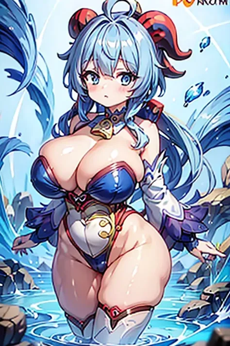 woman, Ganyu, Ganyu, Genshin, blue hair, big breasts, No bra, High leg,