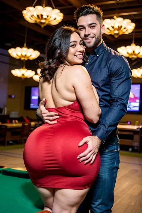 xlteen, fully clothed, sfw, Latina, bbw, voluptuous, a latina woman with wide hips, thick thighs, a huge ass, sexy dress, party setting,  guy and girl are playing Billiards, guy  holding her from behind, guy  grabbing her big ass, guy  groping her ass, she...