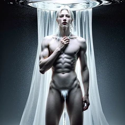 (1 male, dreamlike, albino tall lathy androgynous male Ice Queen, hoarfrost, pristine, precious, fragile beauty, translucent, thin neck, frail shoulders, flat chest, soft belly, male crotch, curvy hips, massive buttocks, his penis is icicle and his testicl...