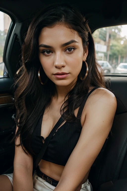 The image features a young woman with long, dark, wavy hair, seated in a car wearing a seatbelt. She has well-defined eyebrows, smoky eye makeup, and a subtle lip color. Her ears are adorned with large hoop earrings, and shes wearing a black and white stri...