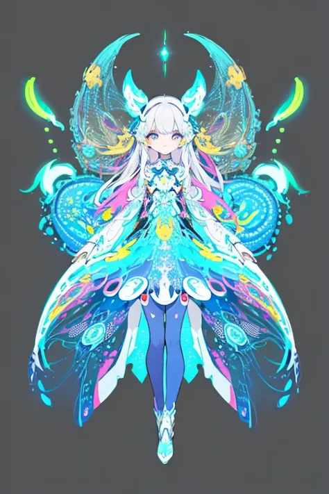 (masterpiece, best quality:1.2),(concept art、fractal art:1.5) ,(flat color:1.2),(2D:1.3),(fluorescence colour:1.5,colorful:1.2),fluorescence multicolored hair、looking at viewer,1Goddess,beautiful face,Gentle face,smugness、solo,full body,floating colorful f...