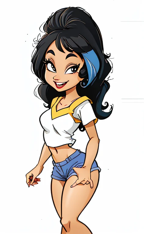 menina dos desenhos animados em shorts e regata sorrindo e andando, em estilo cartoon, estilo de arte dos desenhos animados, cartoon style illustration, Personagem de desenho animado, vestindo uma camisola e shorts, tina belcher como uma pessoa real, anima...