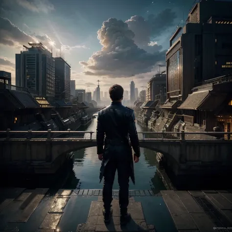 (8k unit wallpaper CG extremely detailed, masterpiece, best quality, ultra-detailed), (((solo)))), ((extremely wide shot:1.15)), a man on a bridge looking at a scifi city in the distance in the background, ((back view)), ((full body)), (high detail), (intr...