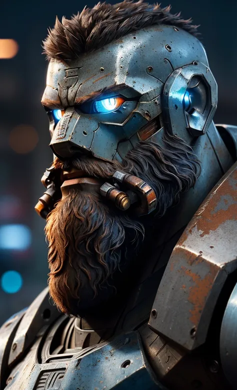 Portrait photo of muscular bearded guy in a worn mech suit, ((light bokeh)), intricate, (steel metal [rust]), elegant, sharp focus, photo by greg rutkowski, soft lighting, vibrant colors, (masterpiece), ((streets)), (detailed face:1.2), (glowing blue eyes:...