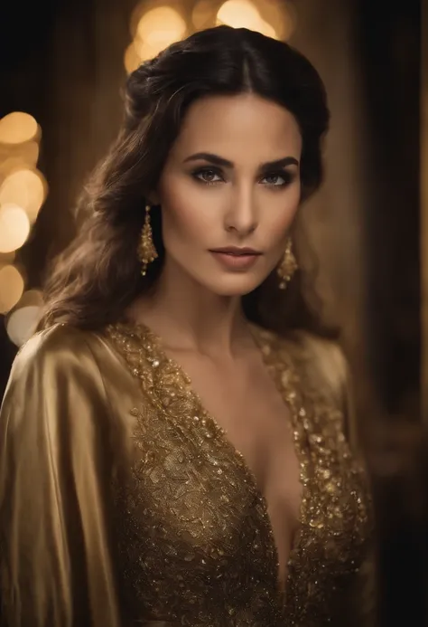 A beautiful woman with long dark brown hair and bangs is featured in the image. She is dressed in a gold dress with a deep V-neckline and is adorned with exquisite gold jewelry, including a necklace and a pair of earrings. She has sharp facial features, lo...