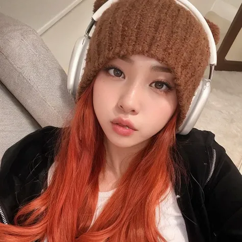 Red-haired Yunjin sitting on a sofa in a living room, Yunjin pouting his lips, ela tem cabelos longos ruivos de um tom mais chocante, XQC, Yunjin do le sserafim, Huh Yunjin, Yunjin grupo le sserafim, Jovem, bonita, com uma camisa branca e uma blusa de frio...