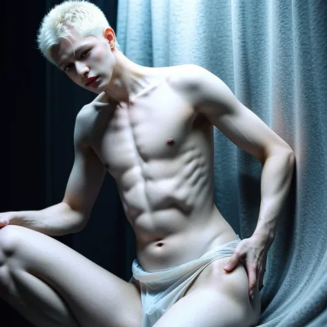 (albino tall lathy androgynous male Snow Prince, hoarfrost, pristine, precious, fragile beauty, translucent, thin neck, frail shoulders, flat chest, soft belly, male crotch, curvy hips, massive buttocks, he is pent up, needy, horny, but his penis and testi...