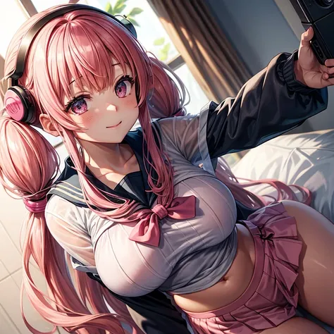 VTuber、Futaba Kitakami、pink hair、twin tails、See-through sailor suit、big breasts、tits