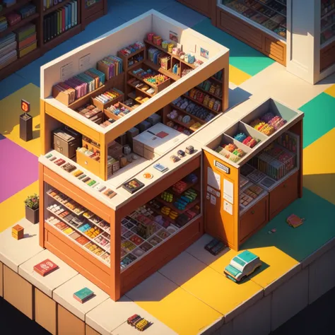 isometric cartoon store with vibrant colors and lively characters