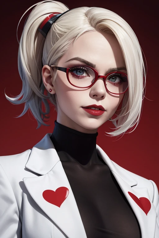 doutora Harley Quinzel, psicologia criminal. Foto de pefil. cabelo loiro grande e preso, coque, She wears a white coat with a red shirt and black glasses.