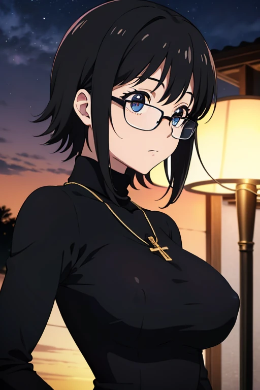 Shizuku Murasaki, 1girl, cute, black hair, short hair, glasses, expressionless, huge breast, ((tight black long sleeve turtleneck:1.5)), (front view, upper body, looking at view), (masterpiece, high resolution, best quality, anime colored, anime screencap,...