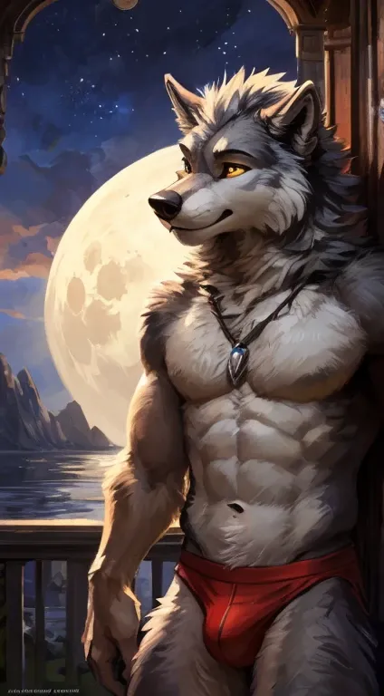 wolf male, full body covered in fluffy fur, , big muscular chest, volumetric abs, day, , detailed, uploaded to e621, beautiful a...