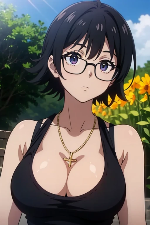 Shizuku Murasaki, 1girl, cute, black hair, short hair, glasses, expressionless, huge breast, ((black tanktop:1.5)), cleavage, (front view, upper body:1.5, looking at away, breast hold), (masterpiece, high resolution, best quality, anime colored, anime scre...