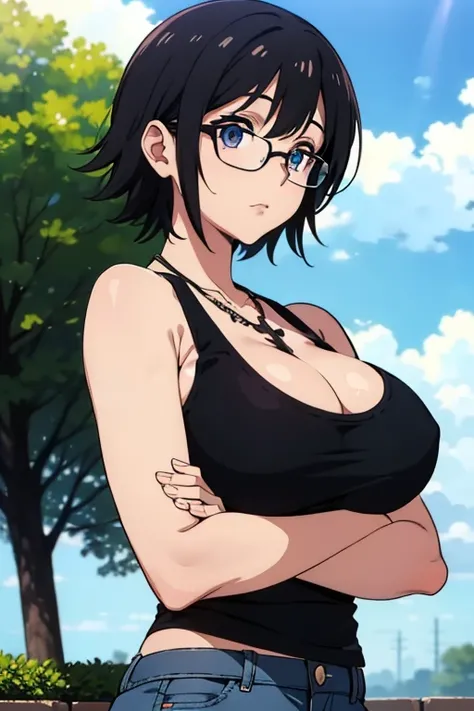 Shizuku Murasaki, 1girl, cute, black hair, short hair, glasses, expressionless, huge breast, ((black tanktop:1.5)), cleavage, (front view, upper body:1.5, looking at away, breast hold), (masterpiece, high resolution, best quality, anime colored, anime scre...