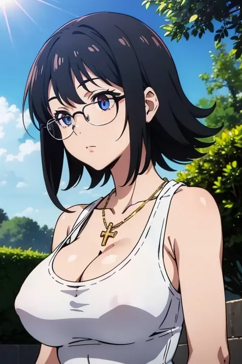 Shizuku Murasaki:1.5, 1girl, cute, black hair, short hair, glasses, expressionless, huge breast, ((white tanktop:1.5)), cleavage, (from the front, upper body:1.5, looking at away, breast hold), (masterpiece, high resolution, best quality, anime colored, an...