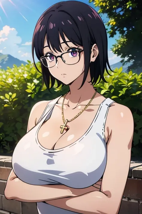 Shizuku Murasaki:1.5, 1girl, cute, black hair, short hair, glasses, expressionless, huge breast, ((white tanktop:1.5)), cleavage, (from the front, upper body:1.5, looking at away, breast hold), (masterpiece, high resolution, best quality, anime colored, an...