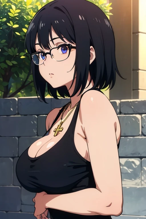 Shizuku Murasaki, 1girl, cute, black hair, short hair, glasses, expressionless, huge breast, ((black tanktop:1.5)), cleavage, (from the front, upper body, looking at away, breast hold:1.5), (masterpiece, high resolution, best quality, anime colored, anime ...