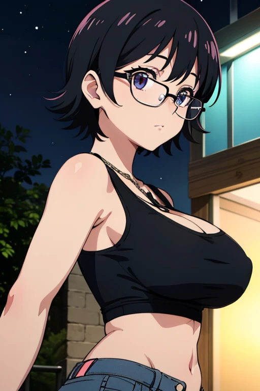 Shizuku Murasaki, 1girl, cute, black hair, short hair, glasses, expressionless, huge breast, ((tight black tanktop:1.5)), cleavage, (front view, upper body, looking at view), (masterpiece, high resolution, best quality, anime colored, anime screencap, 8k, ...