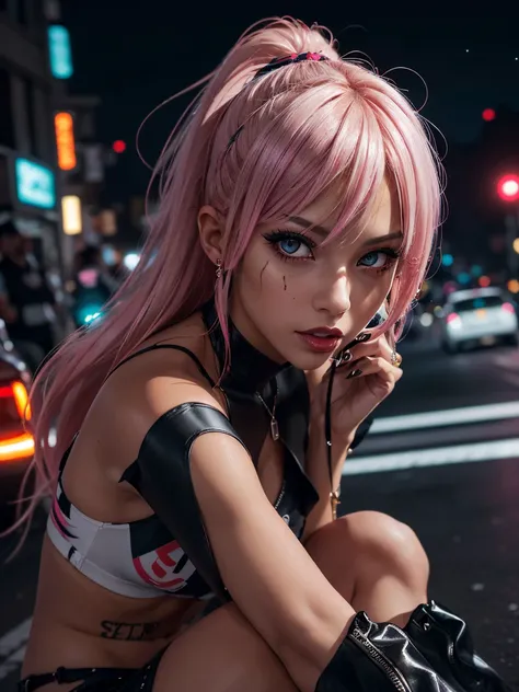 (trendy:1.3), (gyaru girl close-up in sexy outfits:1.4), (urban street fashion scene), (edgy and bold streetwear), (best quality:1.4), (close-up illustration), trendy and urban expressions, (translucent [city:street:0.7] vibrant street art and graffiti:1.1...