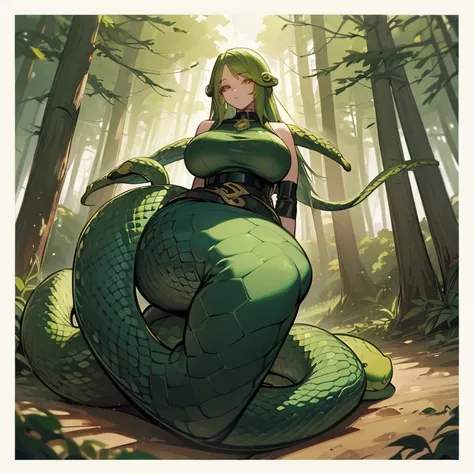 (((Snake Woman))),(((Green snake hair))),(((Golden eyes))),(((Half gorgon))),(Curvy body),(((Wearing an outfit beautiful))),(((Surrounded by forest)))