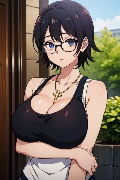 Shizuku Murasaki, 1girl, cute, black hair, short hair, glasses, expressionless, huge breast, ((tight white tanktop:1.5)), cleavage, (from the front, upper body, looking at away, breast hold, arms squeeze), (masterpiece, high resolution, best quality, anime...