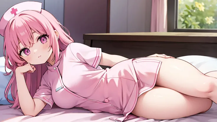 nurse uniform, pink hair, thick thighs, lie down