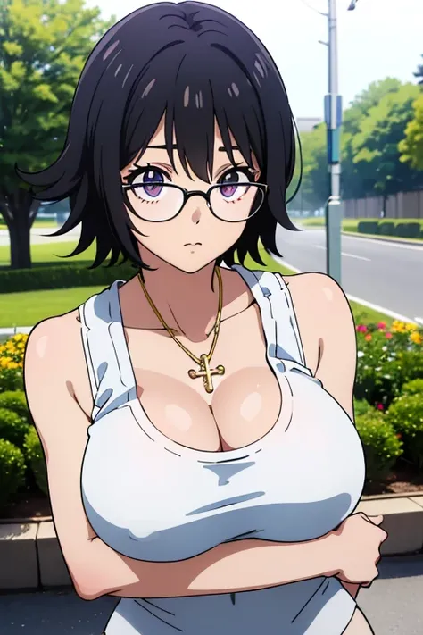 Shizuku Murasaki, 1girl, cute, black hair, short hair, glasses, expressionless, huge breast, ((tight white tanktop:1.5)), cleavage, (from the front, upper body, looking at away, breast hold, arm squeeze), (masterpiece, high resolution, best quality, anime ...