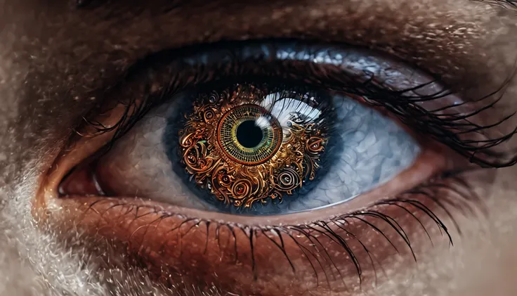 there is a close up of a persons eye with a pattern on it, cyberpunk art by Aleksander Gierymski, trending on pixabay, psychedelic art, beautiful eye, hyperdetailed eyes, amazing detail digital art, eye cyberpunk bionics, super detailed eyes, intricate eye...