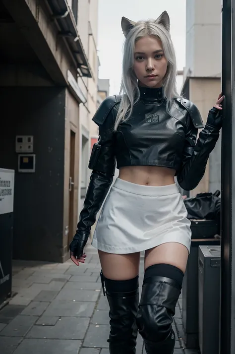 eleven girls in anime style, langes blondes haar, elfen ohren, elfen ohren, spitzen elfen ohren, sweet nose, blaue augen, white mini skirt, knee socks, military sci-fi boots, cyberpunk upper body armor, sniper rifle on the back, Riding on a cyber wolf wear...