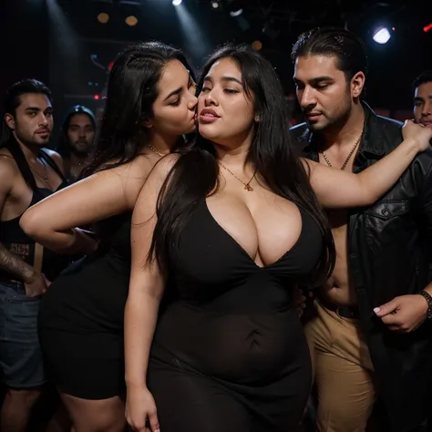 Chubby fat bbw nerdy latina young woman (20 years old), chubby belly, long straight black hair, wearing sexy black dress, Golden necklace,man hugging from behind, ((french kissing)), dancing in the dance floor,with several tall men, 4 men, in nigth  club, ...