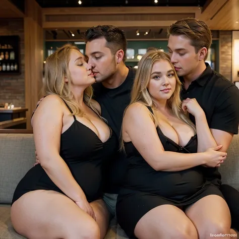 Chubby bbw thic fat blonde woman, chubby belly, blonde hair, wearing sexy black dress,  in Starbucks, sitting in a sofa, boyfriend hugging from behind,kissing with boyfriend, heterosexual couple, 4 men, several man, romantic, love, view from the side