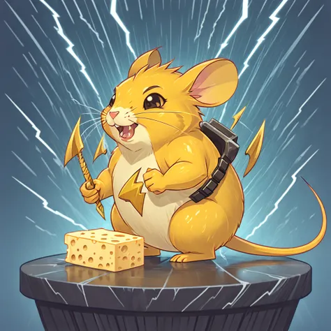 Bright yellow chunky rodent with a lightning tail and lightning cheeks gnawing on cheese and thunderbolts rain down around it, in card art style
