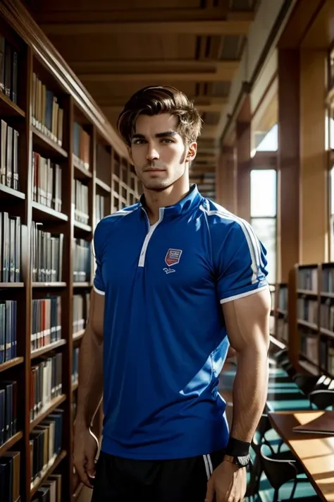 Photo d&#39;A man in a library, sportif , de quarante ans, 