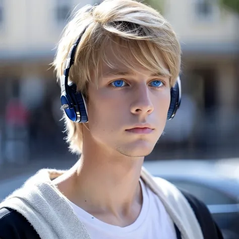 Teenager blond boy listening to music beard blue eyes