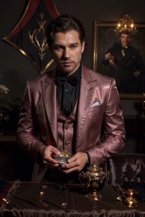 A man with trimmed dark brown hair in an expensive all red three-piece suit holding a shorthaired gray cat, with a large chalice glittering with diamonds on a table, background is dark, in the style oil painting, portrait, 8k, by ericovalle